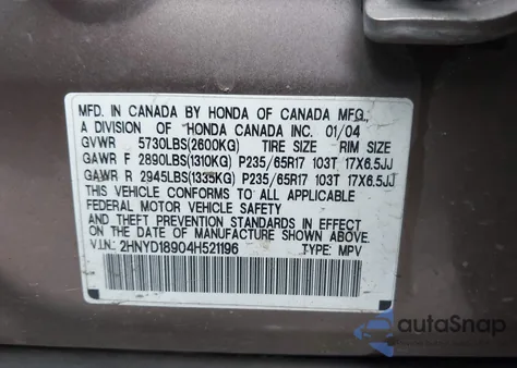 2004 Acura Mdx z USA, uszkodzony, nr VIN 2HNYD18904H521196